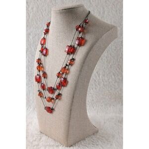 Red Glass Bead Layered Necklace Gunmetal Tone‎ Multi Strand Statement